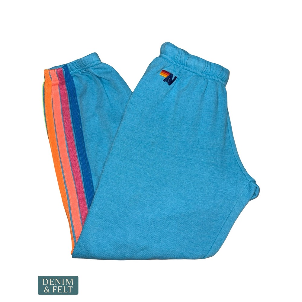 Aviator Nation‎ 5 Stripe Sweatpants Sky Neon Rainbow Jogger Lounge Beach Medium - Picture 8 of 14